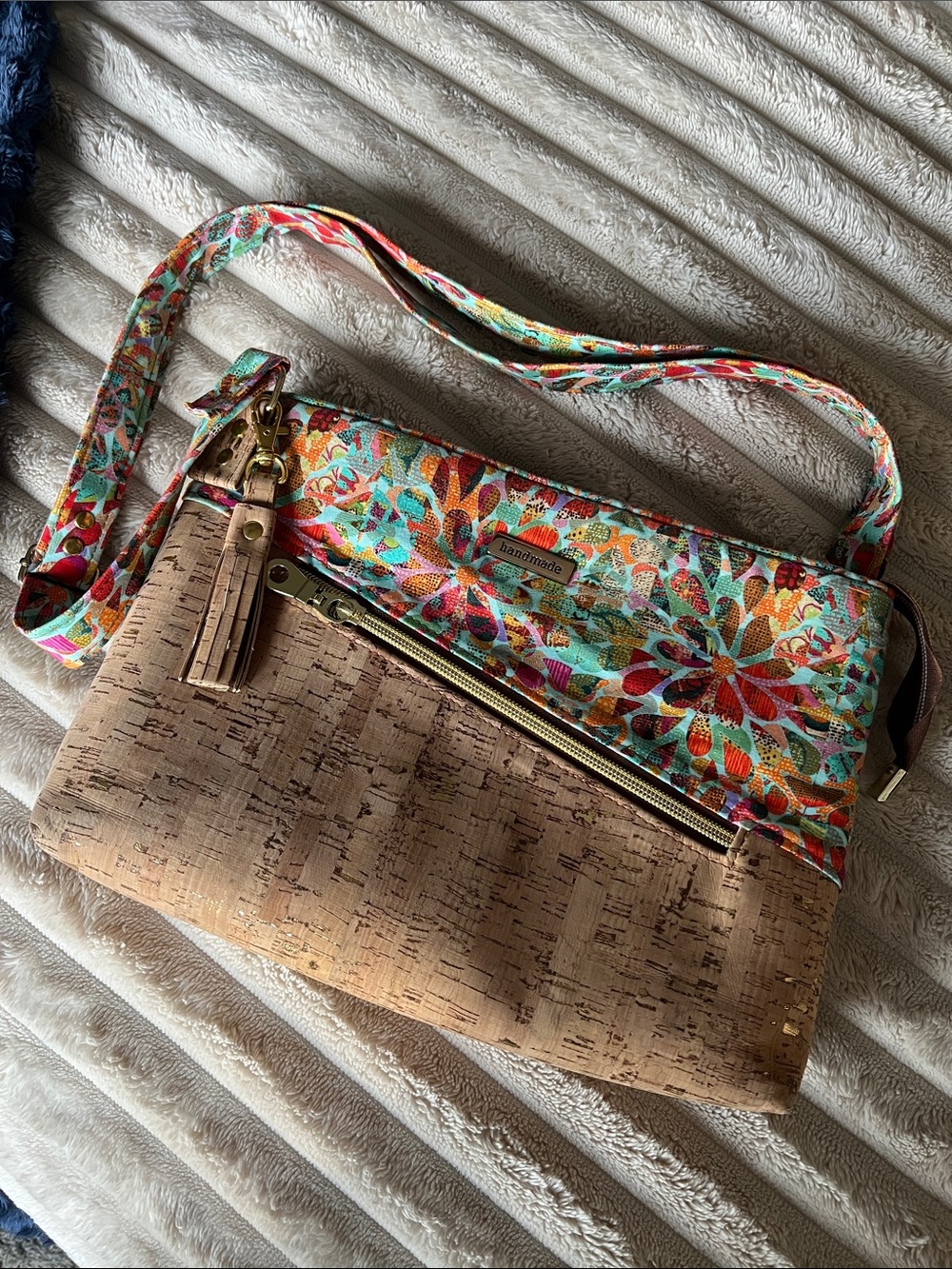 Handmade Floral Multicolor & Natural Cork Crossbody Bag